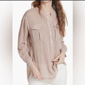 Free People Talk To Me Half Button Up Fray Hem Top Size M